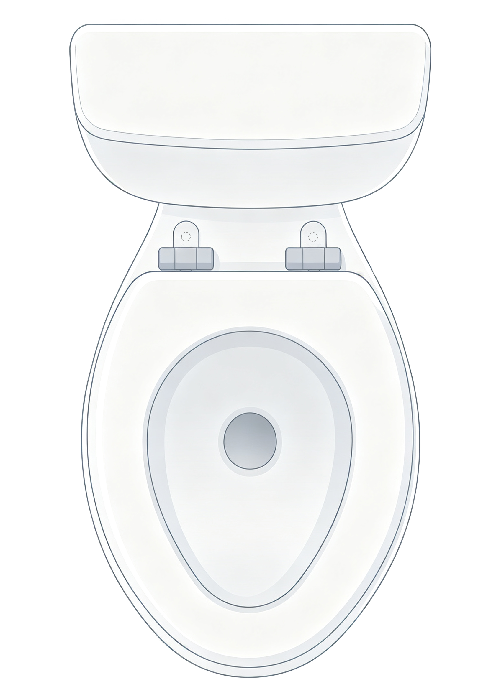 Elongated toilet with seat and bowl, viewed from above